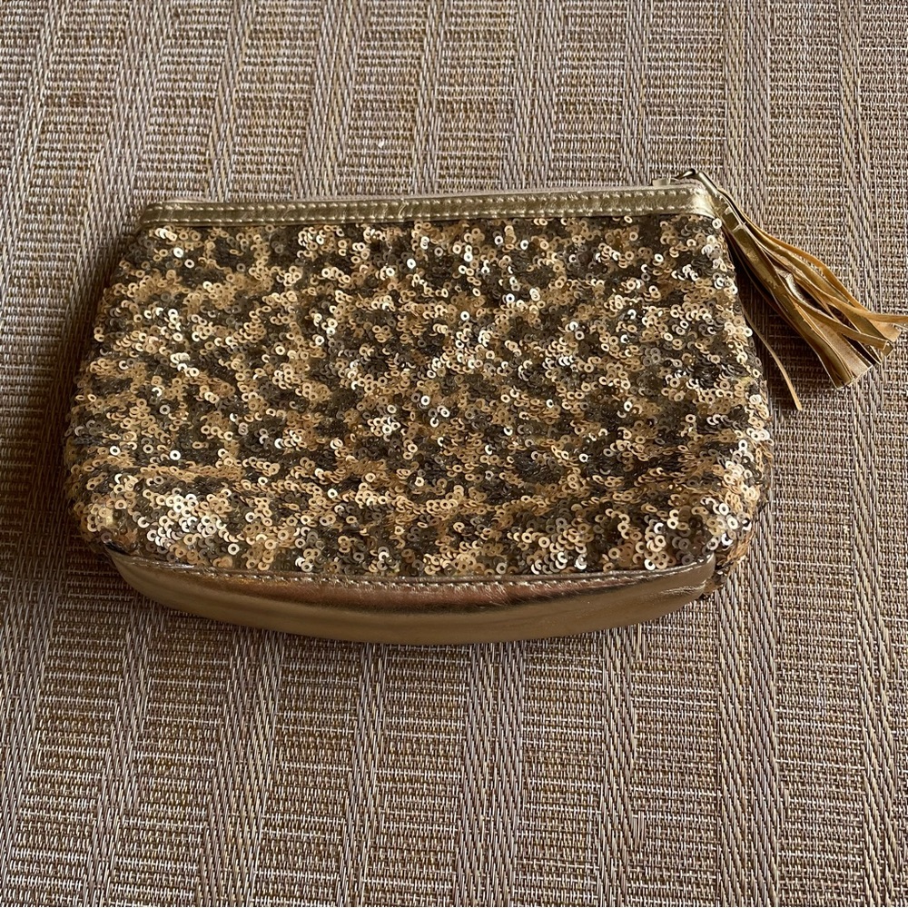 Stephanie Johnson gold sequin cosmetic case